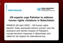 UN experts urge Pakistan to end rights violations in Balochistan